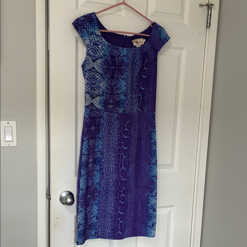 Blue and Purple patterned cap sleeve sheath dress with zipper in back